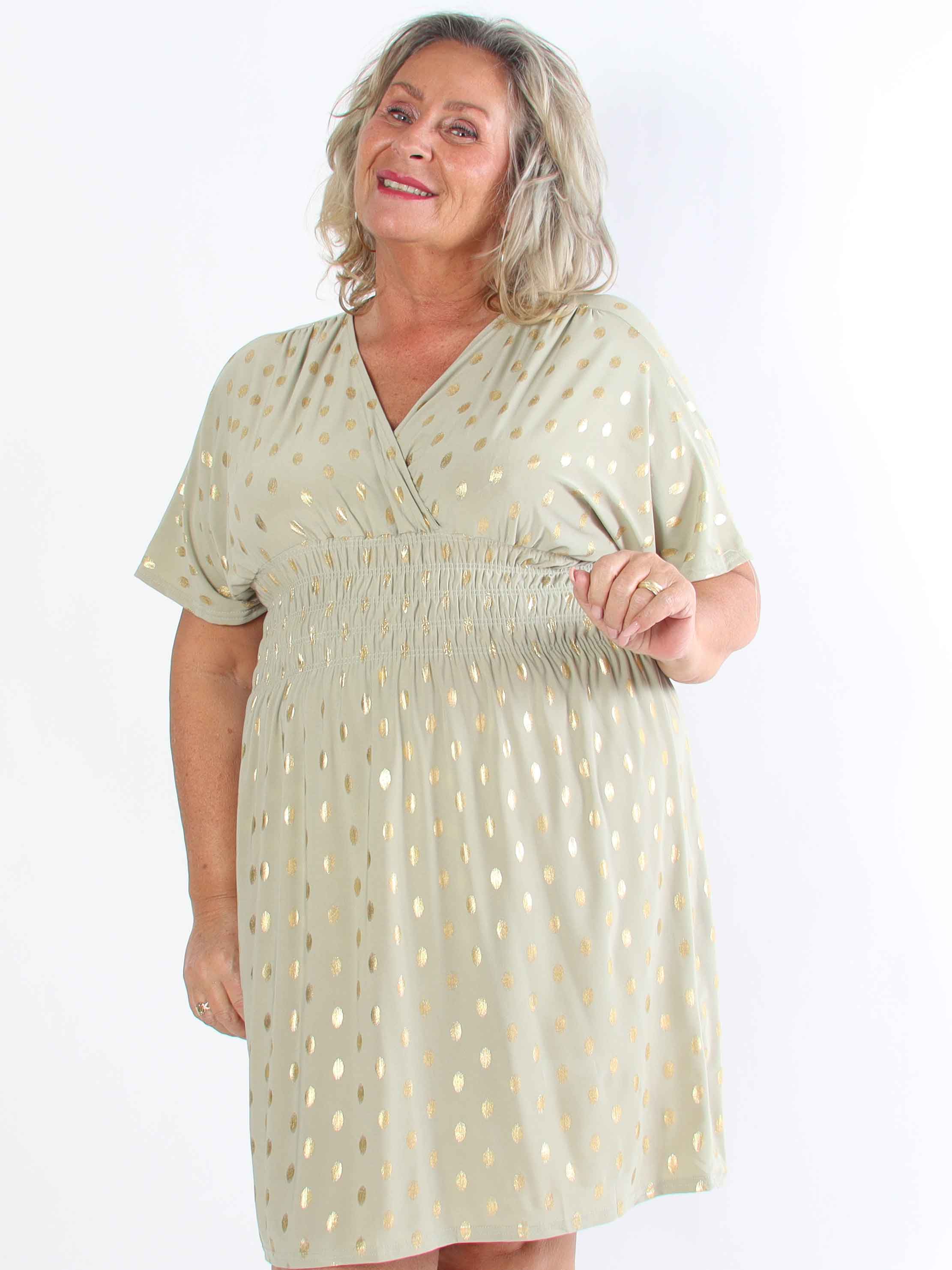Pams Dot Short - Plus size elastisk kjole med guld prikker